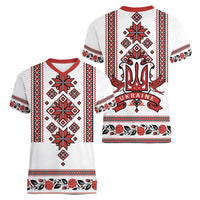 Ukraine Unity Day Women V-Neck T-Shirt The Trident With Folk Pattern - Wonder Print Shop