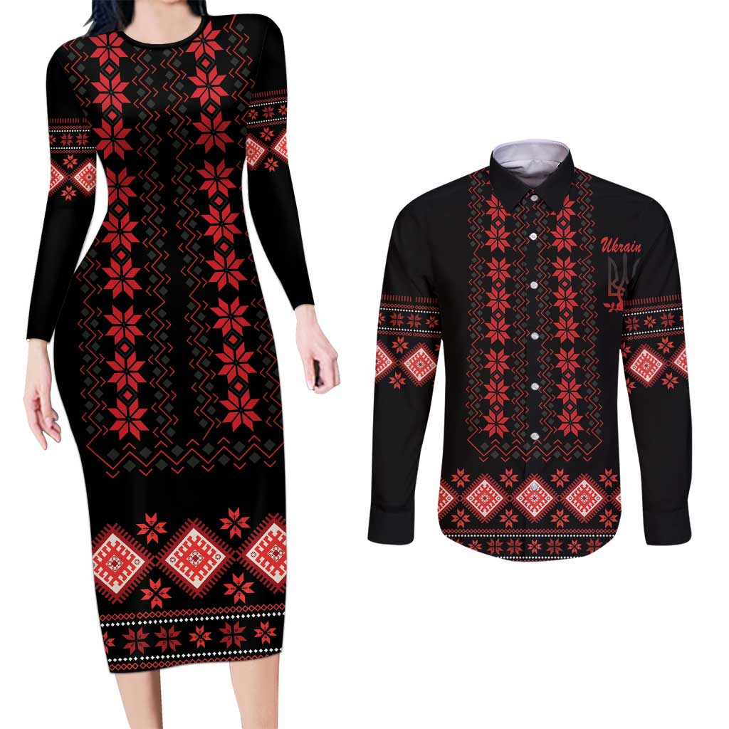 Red Ukraine Folk Patterns Couples Matching Long Sleeve Bodycon Dress and Long Sleeve Button Shirt - Wonder Print Shop