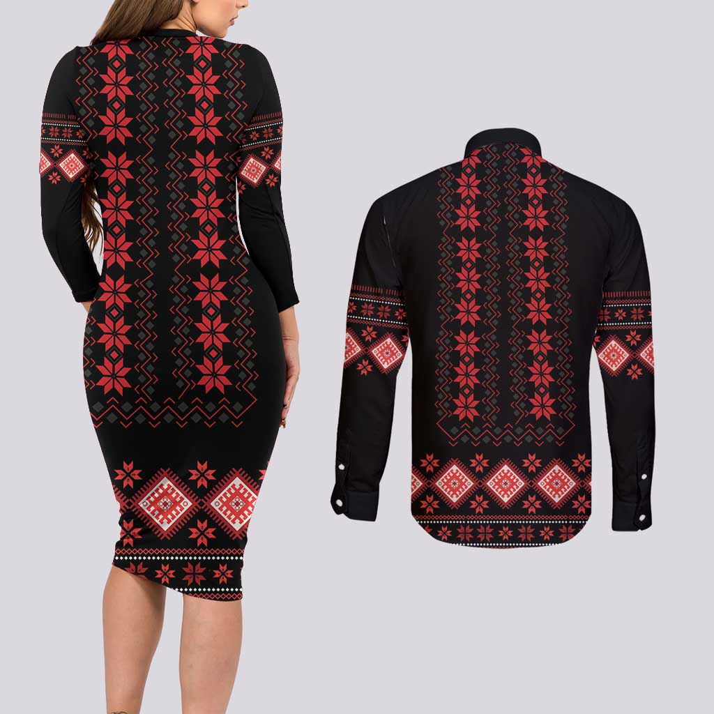 Red Ukraine Folk Patterns Couples Matching Long Sleeve Bodycon Dress and Long Sleeve Button Shirt - Wonder Print Shop