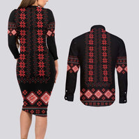 Red Ukraine Folk Patterns Couples Matching Long Sleeve Bodycon Dress and Long Sleeve Button Shirt - Wonder Print Shop