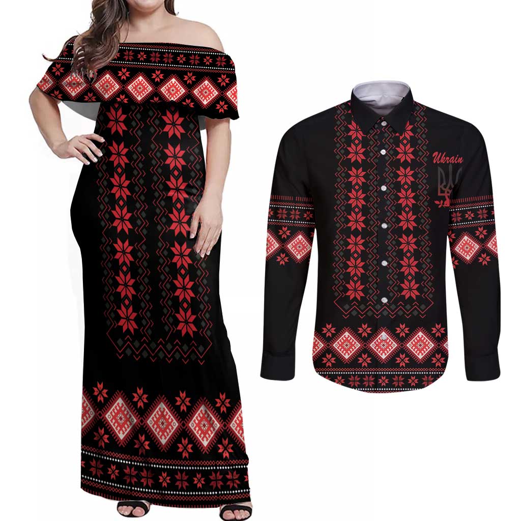 Red Ukraine Folk Patterns Couples Matching Off Shoulder Maxi Dress and Long Sleeve Button Shirt - Wonder Print Shop
