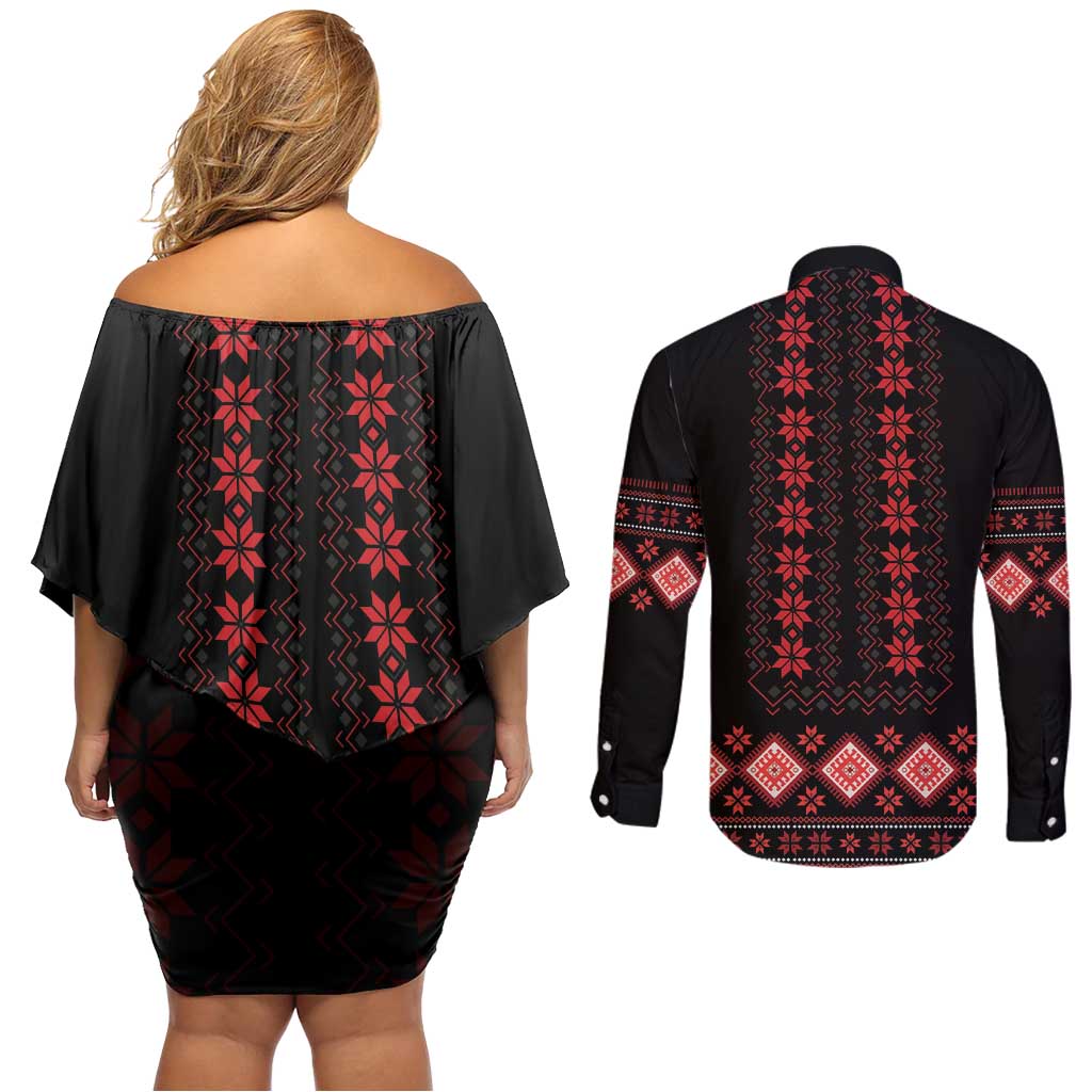 Red Ukraine Folk Patterns Couples Matching Off Shoulder Short Dress and Long Sleeve Button Shirt - Wonder Print Shop