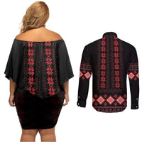 Red Ukraine Folk Patterns Couples Matching Off Shoulder Short Dress and Long Sleeve Button Shirt - Wonder Print Shop