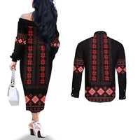 Red Ukraine Folk Patterns Couples Matching Off The Shoulder Long Sleeve Dress and Long Sleeve Button Shirt