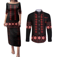 Red Ukraine Folk Patterns Couples Matching Puletasi and Long Sleeve Button Shirt - Wonder Print Shop