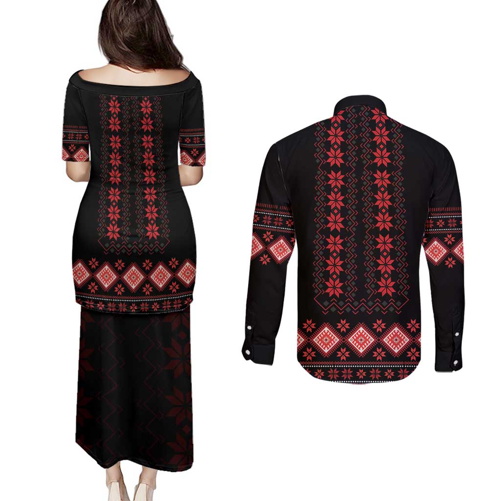 Red Ukraine Folk Patterns Couples Matching Puletasi and Long Sleeve Button Shirt - Wonder Print Shop