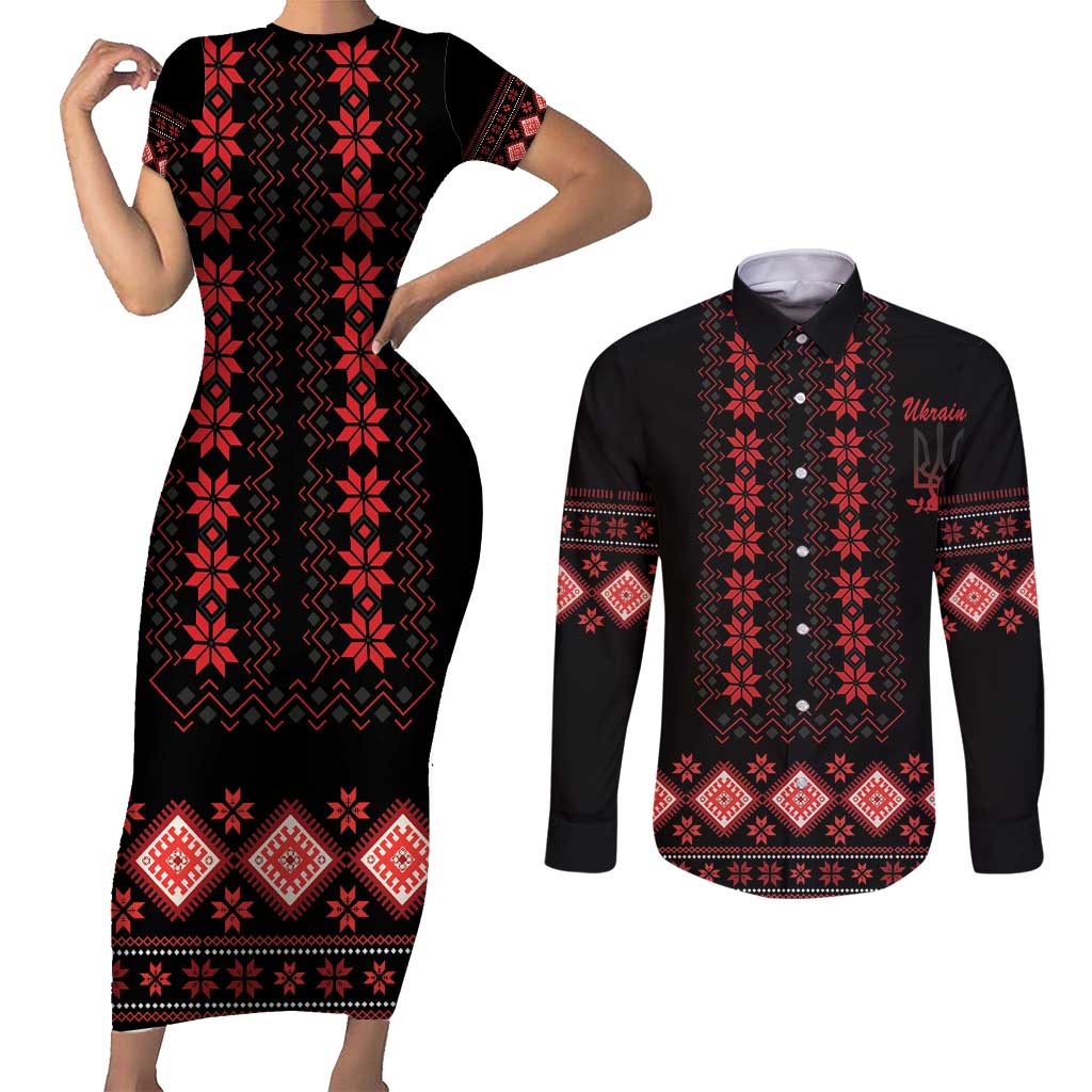 Red Ukraine Folk Patterns Couples Matching Short Sleeve Bodycon Dress and Long Sleeve Button Shirt - Wonder Print Shop