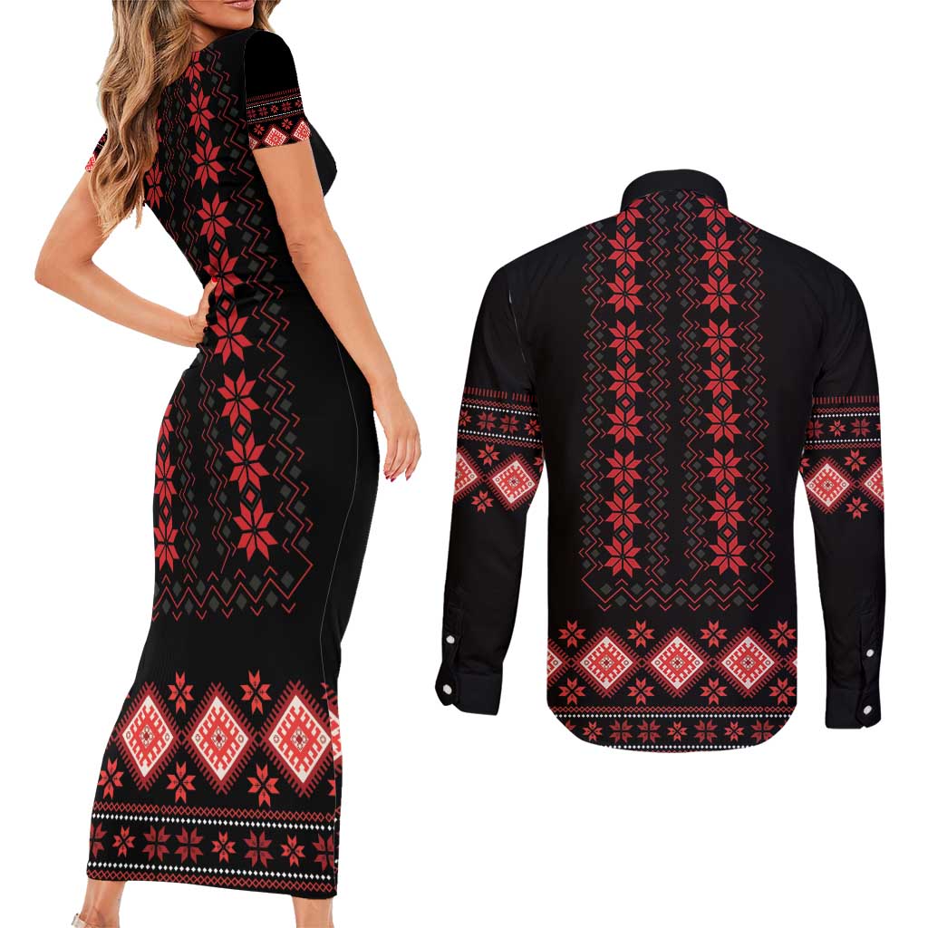 Red Ukraine Folk Patterns Couples Matching Short Sleeve Bodycon Dress and Long Sleeve Button Shirt - Wonder Print Shop