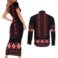 Red Ukraine Folk Patterns Couples Matching Short Sleeve Bodycon Dress and Long Sleeve Button Shirt - Wonder Print Shop