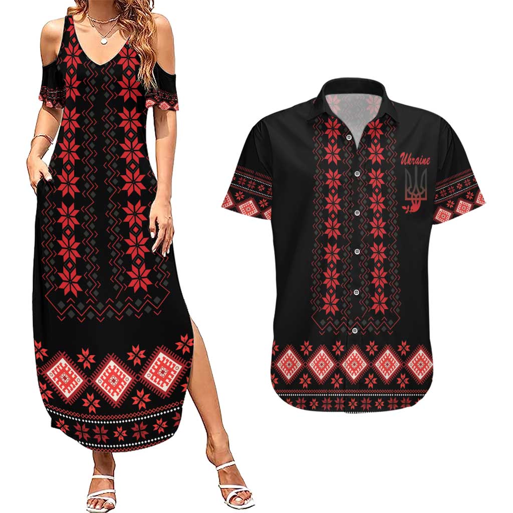 Red Ukraine Folk Patterns Couples Matching Summer Maxi Dress and Hawaiian Shirt - Wonder Print Shop