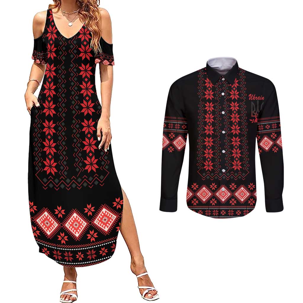 Red Ukraine Folk Patterns Couples Matching Summer Maxi Dress and Long Sleeve Button Shirt - Wonder Print Shop