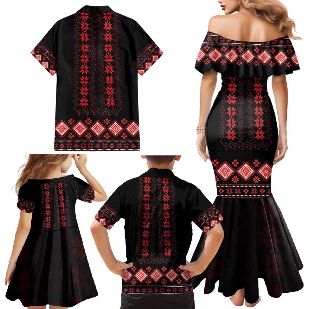 Red Ukraine Folk Patterns Family Matching Mermaid Dress and Hawaiian Shirt - Wonder Print Shop