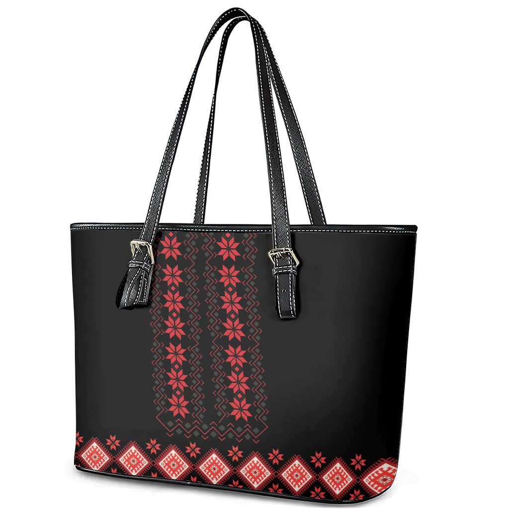Red Ukraine Folk Patterns Leather Tote Bag - Wonder Print Shop