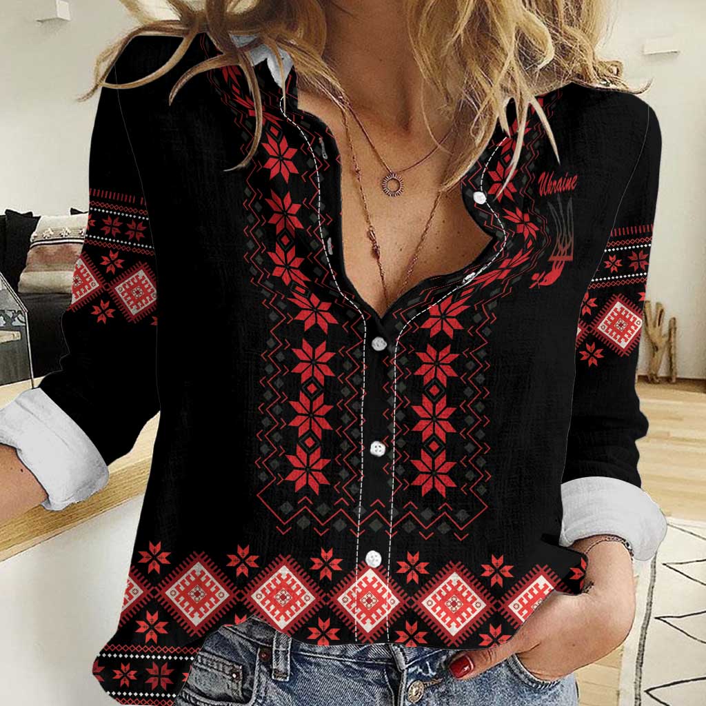 Red Ukraine Folk Patterns Women Casual Shirt - Wonder Print Shop