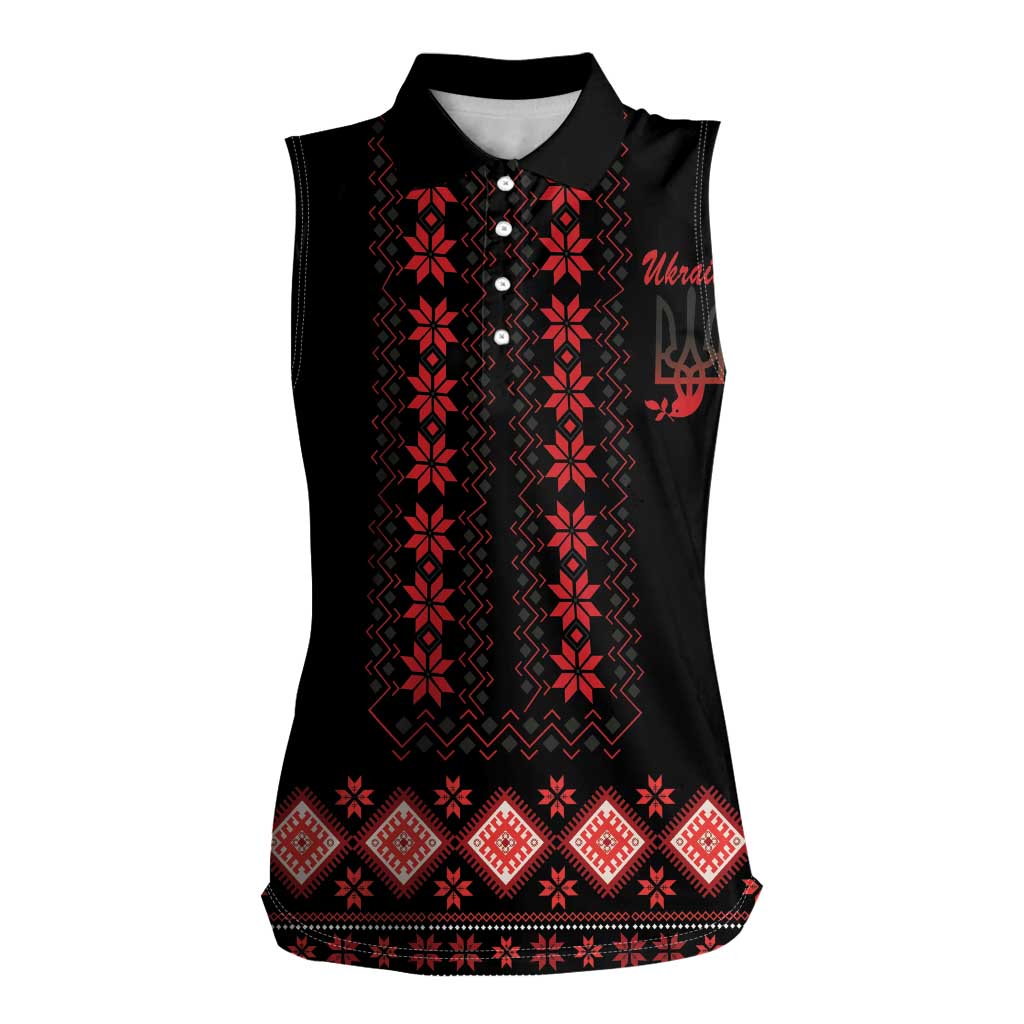 Red Ukraine Folk Patterns Women Sleeveless Polo Shirt - Wonder Print Shop