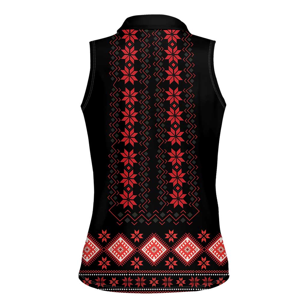 Red Ukraine Folk Patterns Women Sleeveless Polo Shirt - Wonder Print Shop