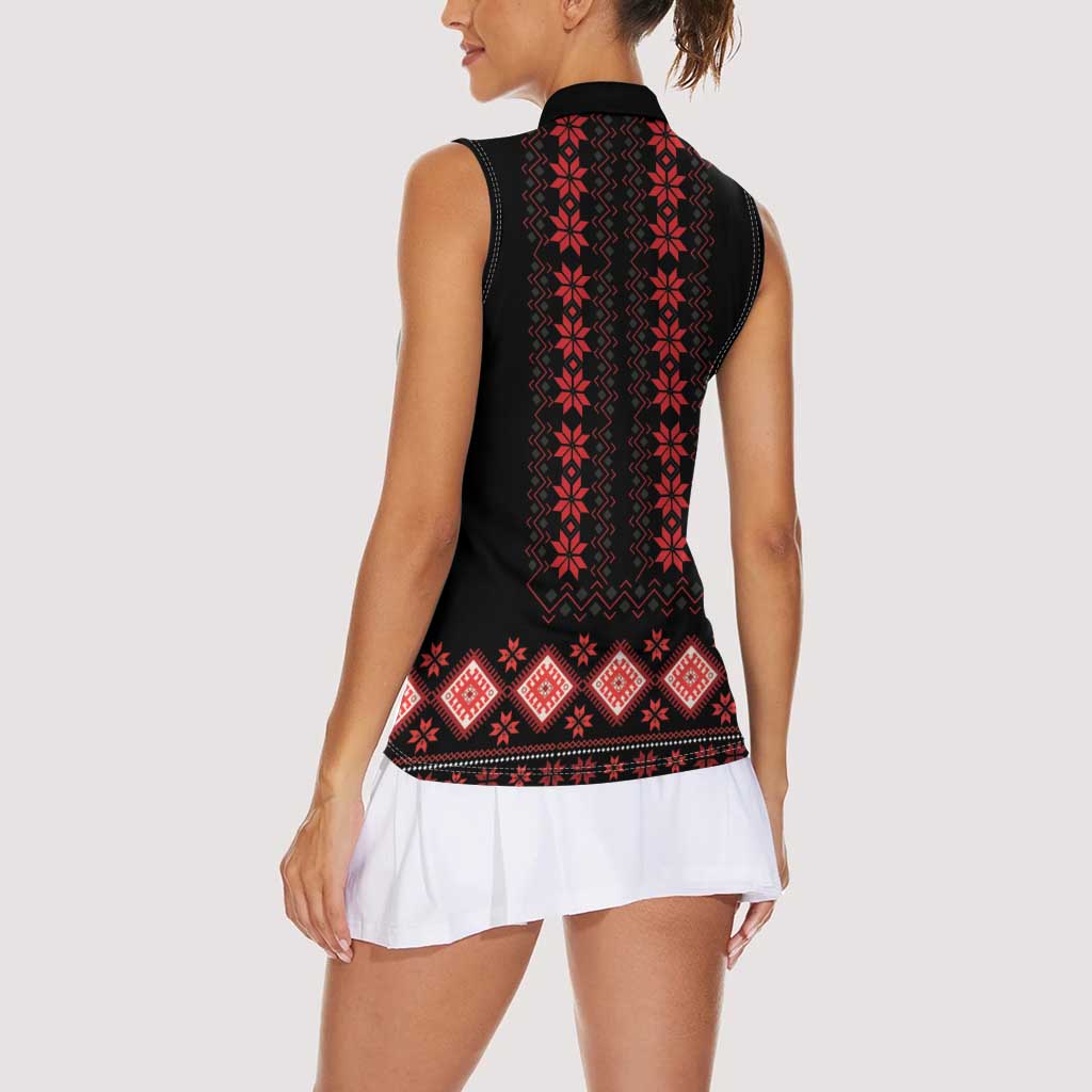 Red Ukraine Folk Patterns Women Sleeveless Polo Shirt - Wonder Print Shop
