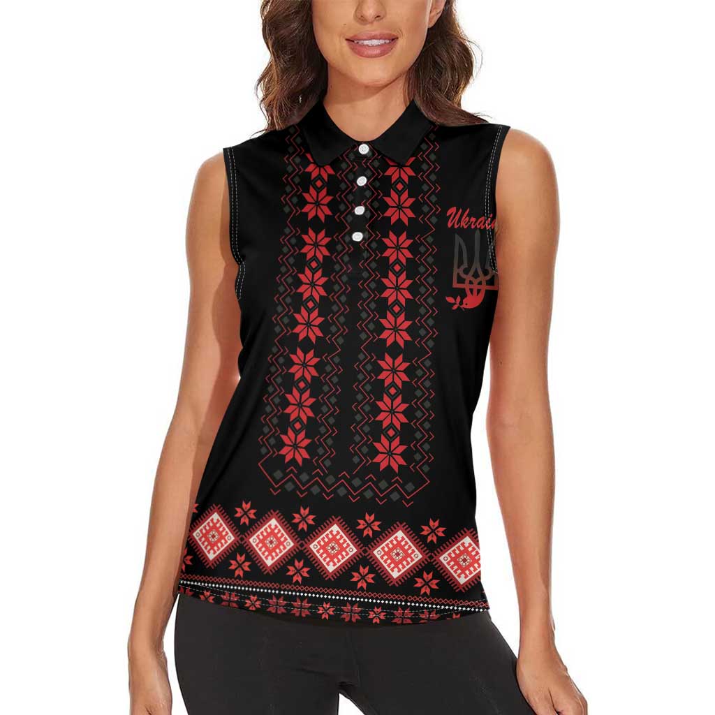 Red Ukraine Folk Patterns Women Sleeveless Polo Shirt - Wonder Print Shop