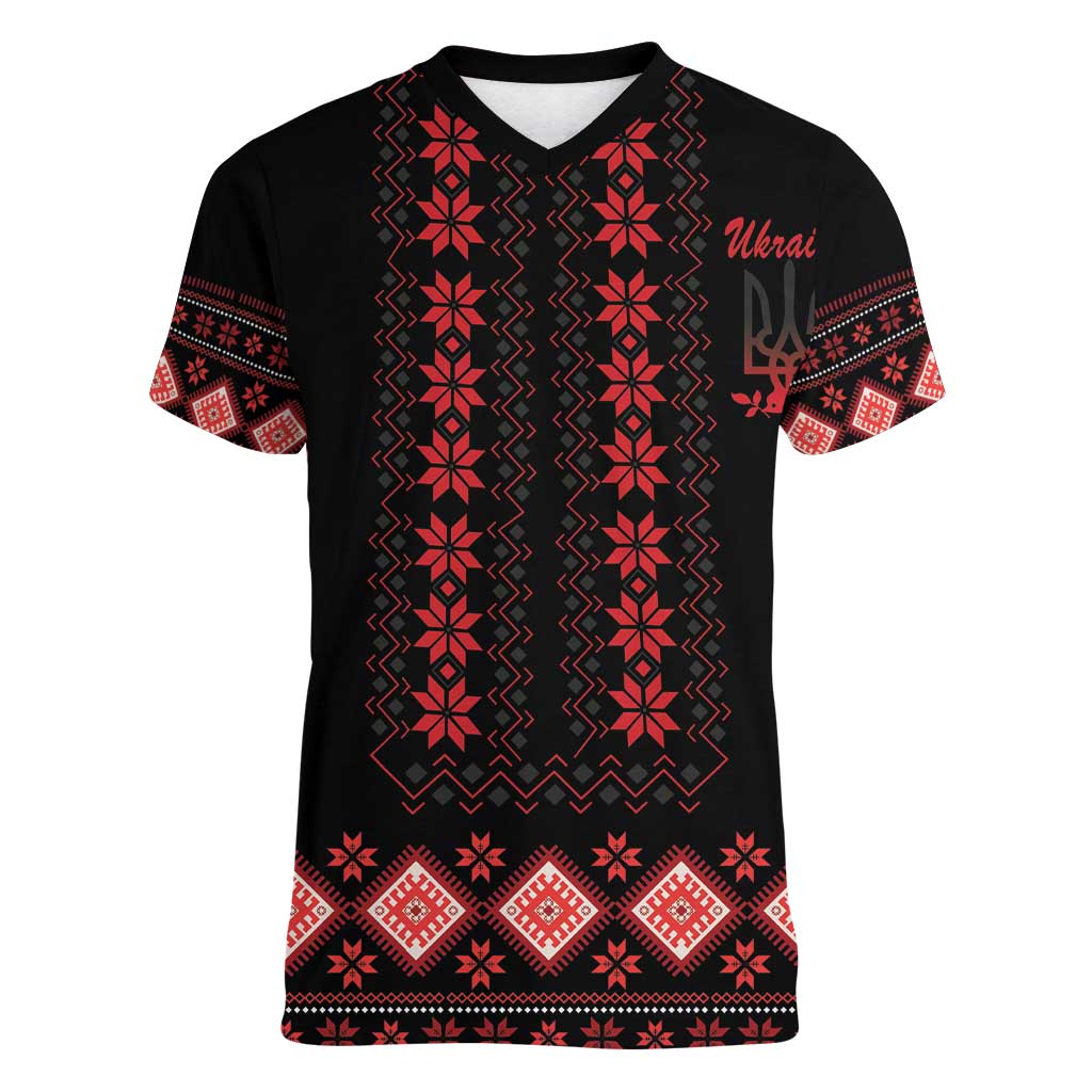 Red Ukraine Folk Patterns Women V-Neck T-Shirt - Wonder Print Shop