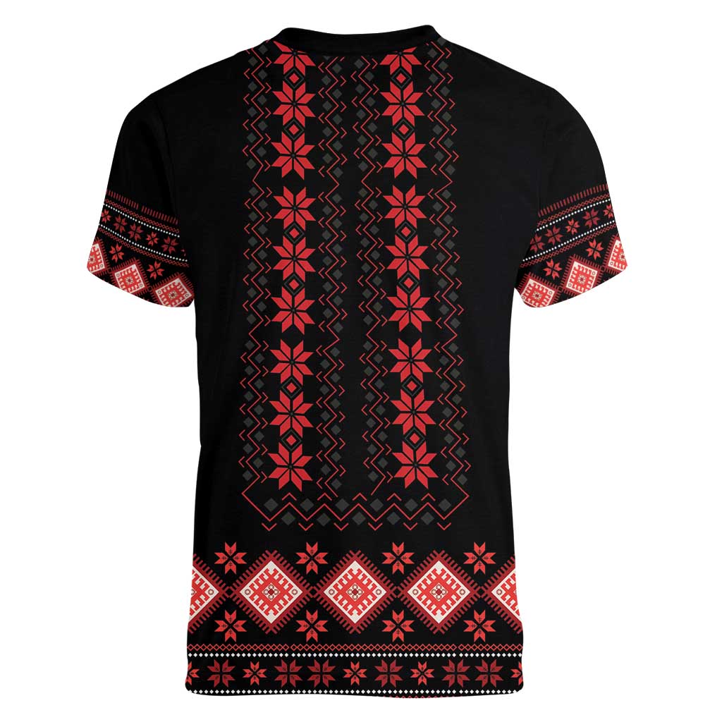 Red Ukraine Folk Patterns Women V-Neck T-Shirt - Wonder Print Shop