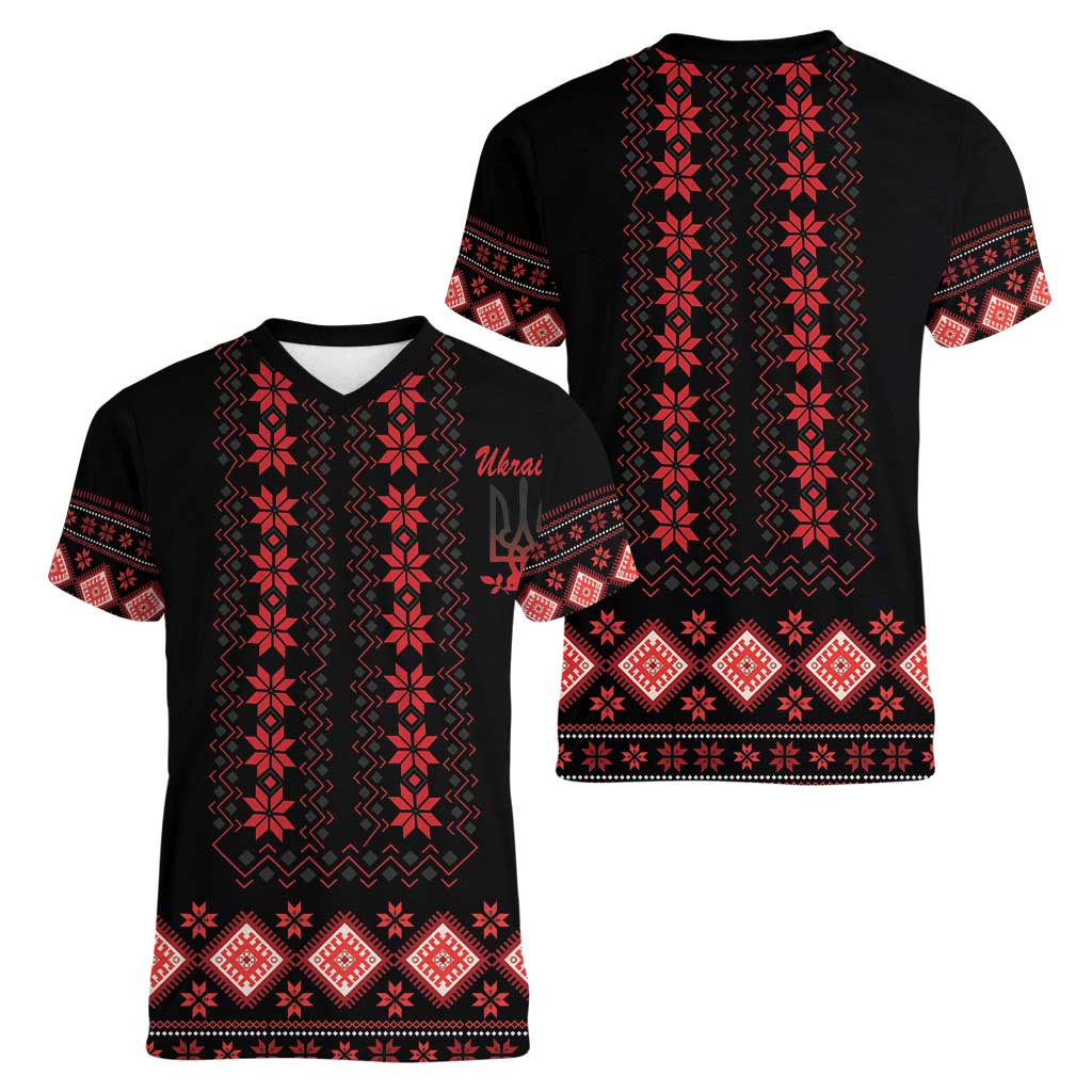 Red Ukraine Folk Patterns Women V-Neck T-Shirt - Wonder Print Shop