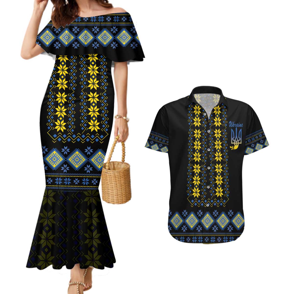 Yellow Ukraine Folk Patterns Couples Matching Mermaid Dress and Hawaiian Shirt - Wonder Print Shop