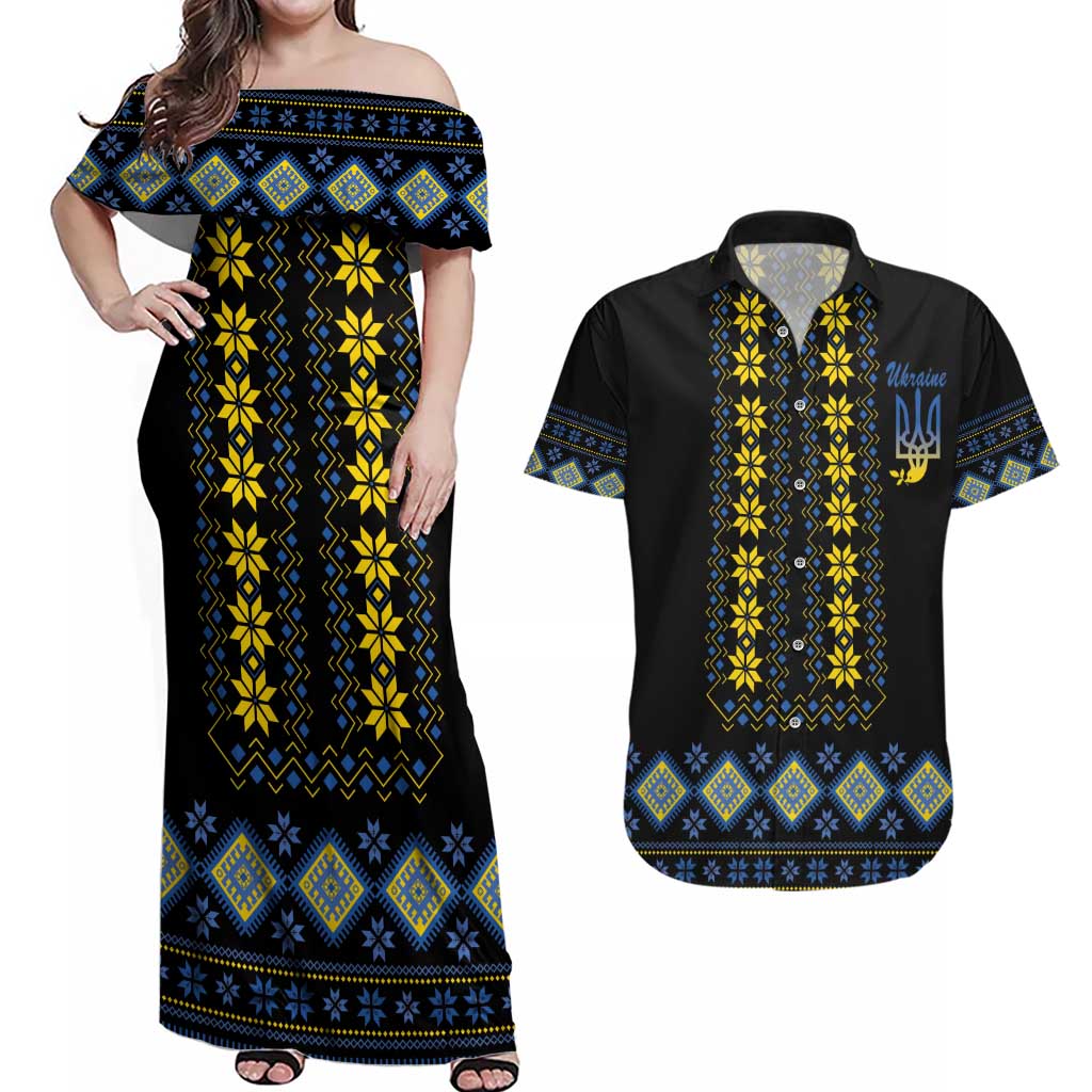 Yellow Ukraine Folk Patterns Couples Matching Off Shoulder Maxi Dress and Hawaiian Shirt - Wonder Print Shop