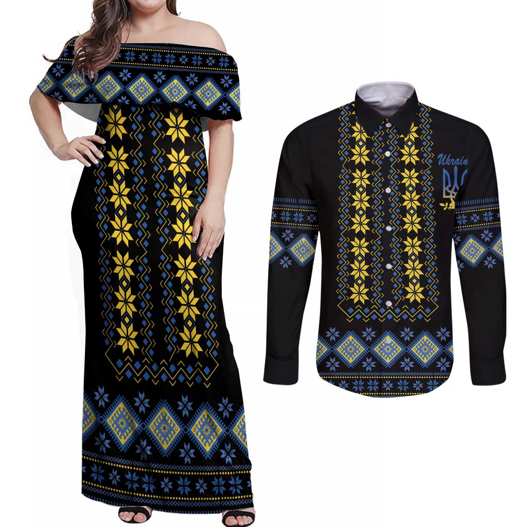 Yellow Ukraine Folk Patterns Couples Matching Off Shoulder Maxi Dress and Long Sleeve Button Shirt - Wonder Print Shop
