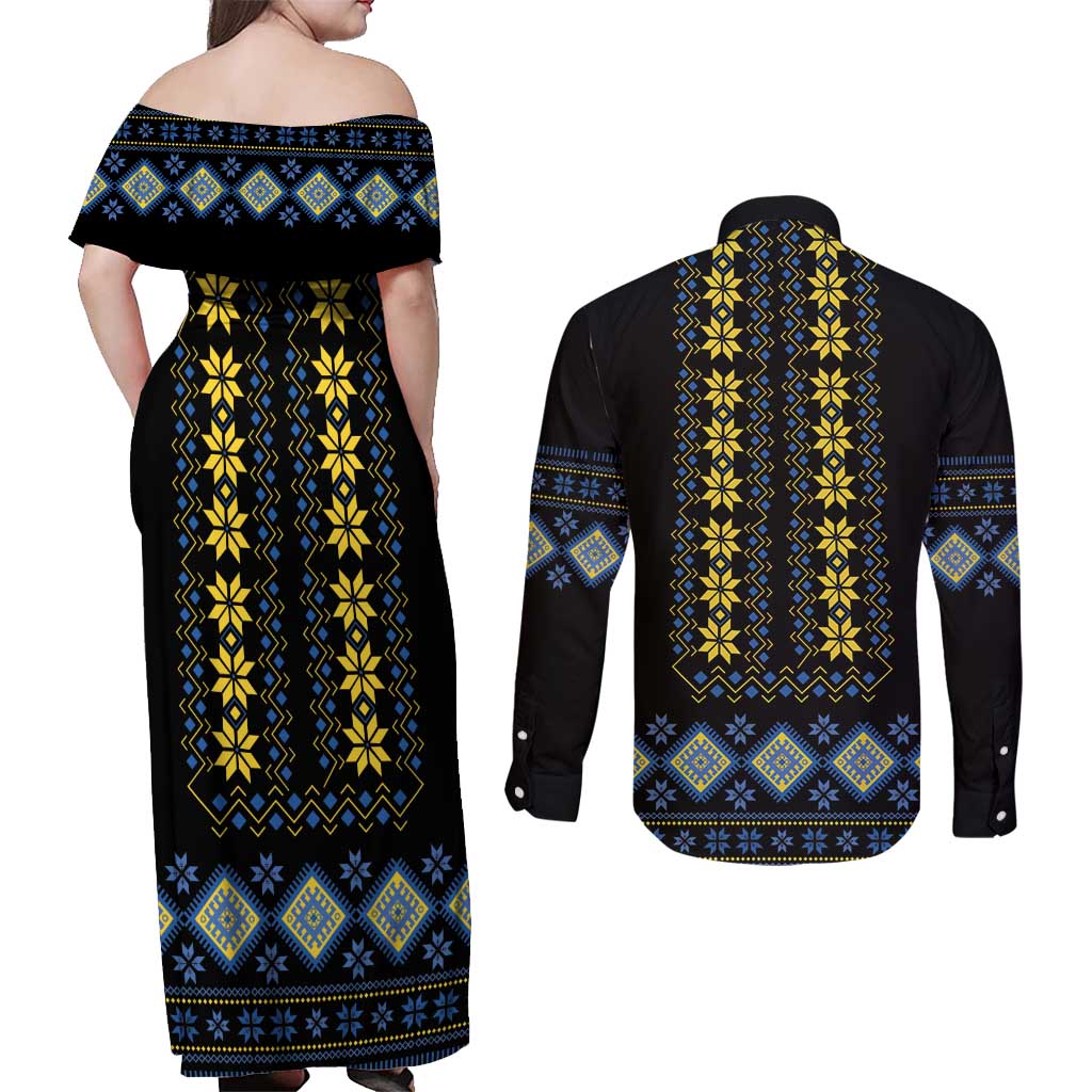 Yellow Ukraine Folk Patterns Couples Matching Off Shoulder Maxi Dress and Long Sleeve Button Shirt - Wonder Print Shop