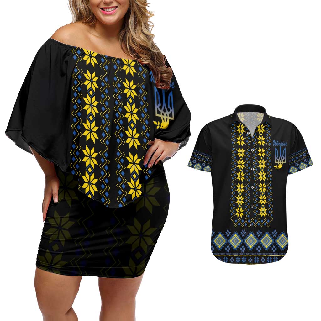 Yellow Ukraine Folk Patterns Couples Matching Off Shoulder Short Dress and Hawaiian Shirt - Wonder Print Shop