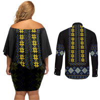 Yellow Ukraine Folk Patterns Couples Matching Off Shoulder Short Dress and Long Sleeve Button Shirt - Wonder Print Shop