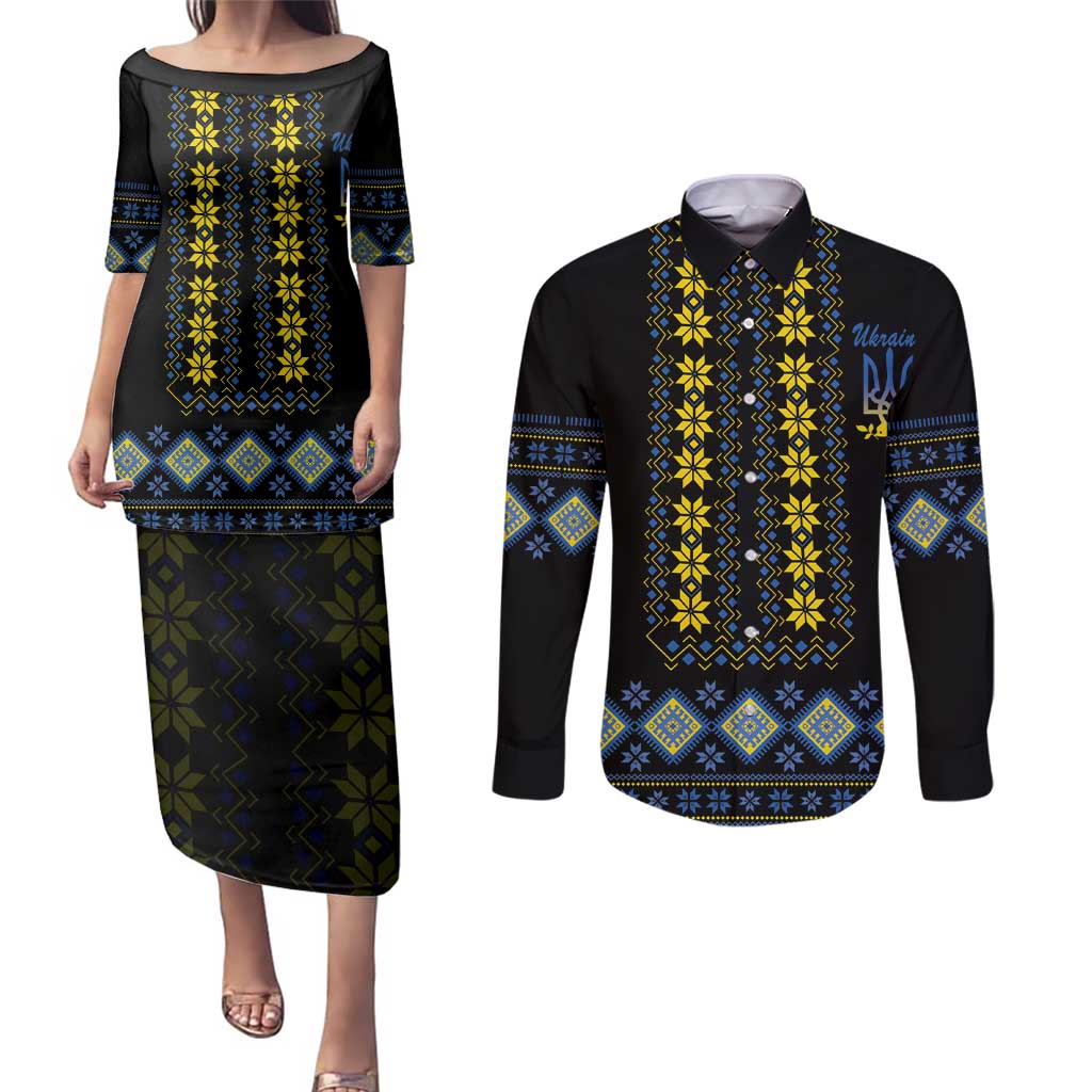 Yellow Ukraine Folk Patterns Couples Matching Puletasi and Long Sleeve Button Shirt - Wonder Print Shop