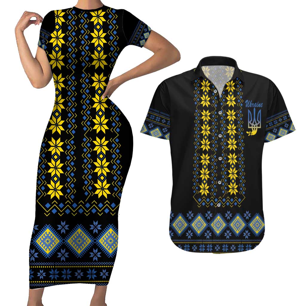 Yellow Ukraine Folk Patterns Couples Matching Short Sleeve Bodycon Dress and Hawaiian Shirt - Wonder Print Shop