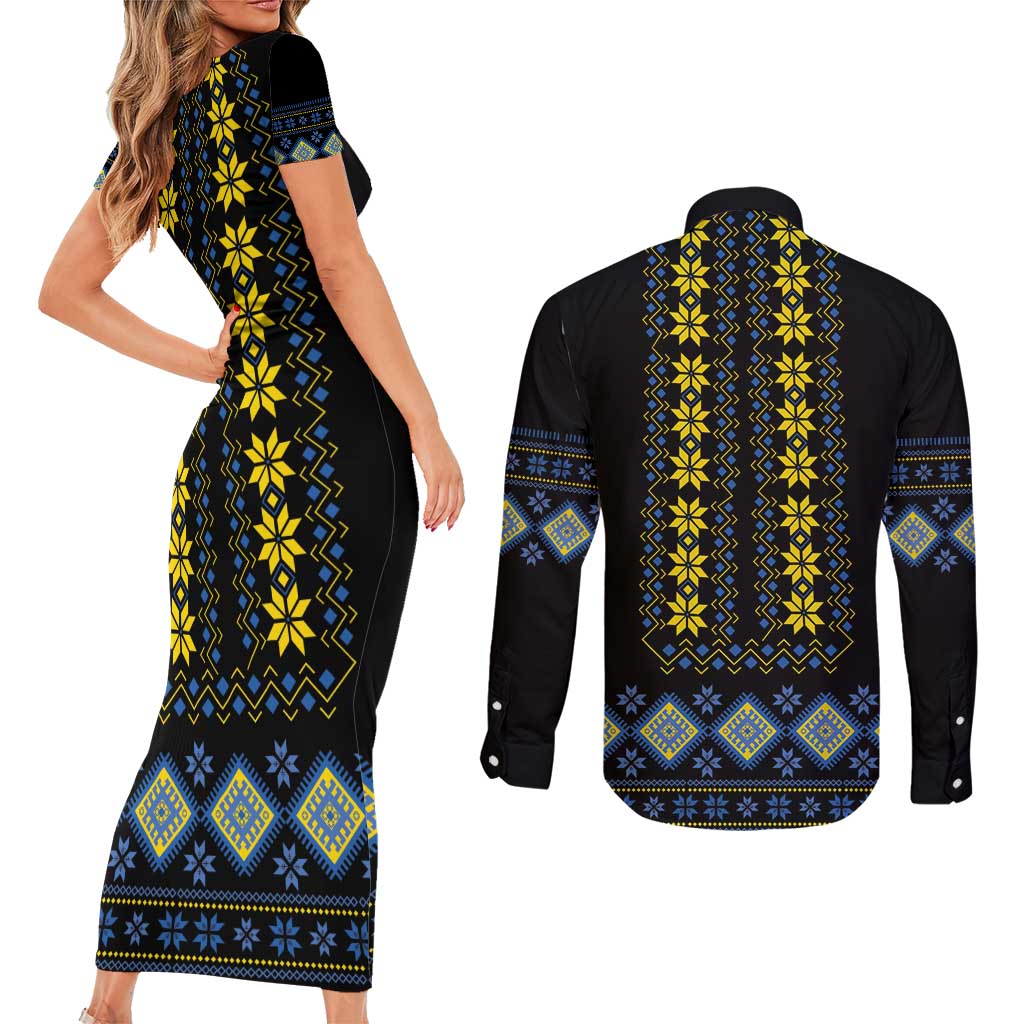 Yellow Ukraine Folk Patterns Couples Matching Short Sleeve Bodycon Dress and Long Sleeve Button Shirt - Wonder Print Shop