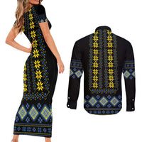 Yellow Ukraine Folk Patterns Couples Matching Short Sleeve Bodycon Dress and Long Sleeve Button Shirt - Wonder Print Shop