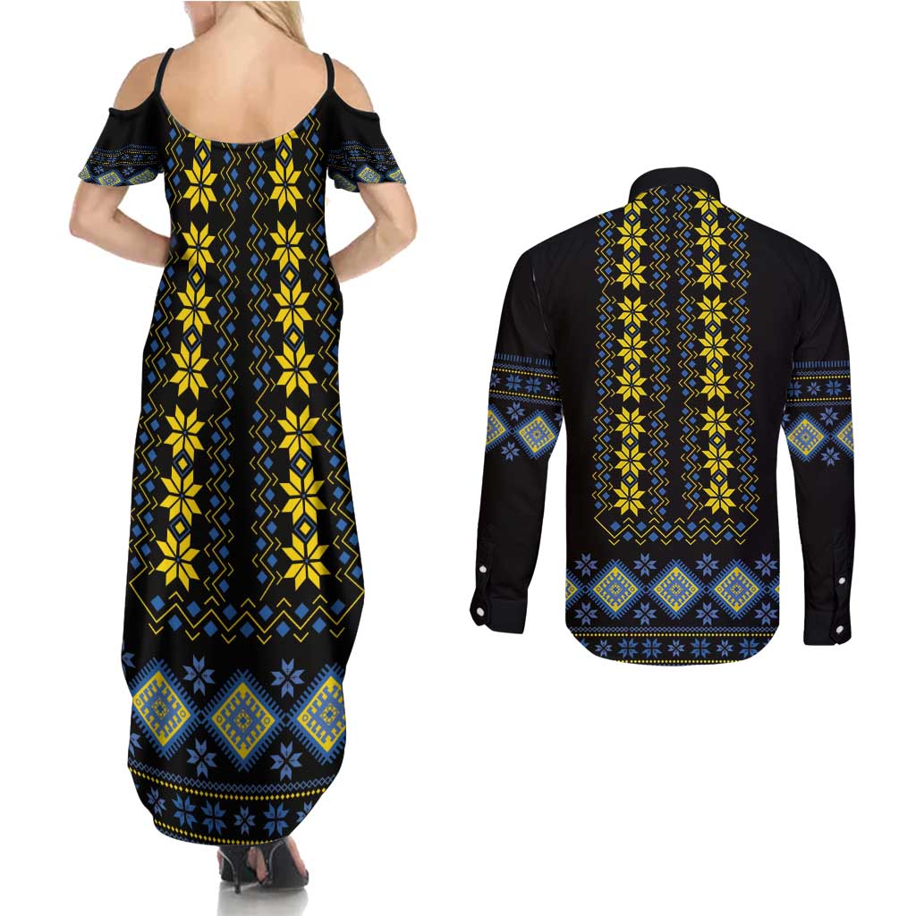 Yellow Ukraine Folk Patterns Couples Matching Summer Maxi Dress and Long Sleeve Button Shirt - Wonder Print Shop