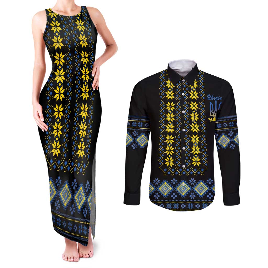 Yellow Ukraine Folk Patterns Couples Matching Tank Maxi Dress and Long Sleeve Button Shirt - Wonder Print Shop