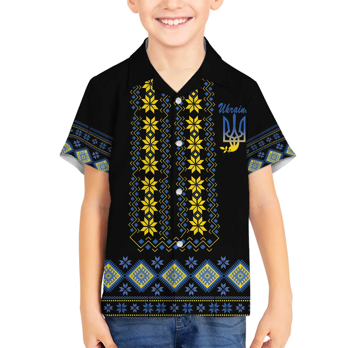 Yellow Ukraine Folk Patterns Family Matching Off The Shoulder Long Sleeve Dress and Hawaiian Shirt - Wonder Print Shop