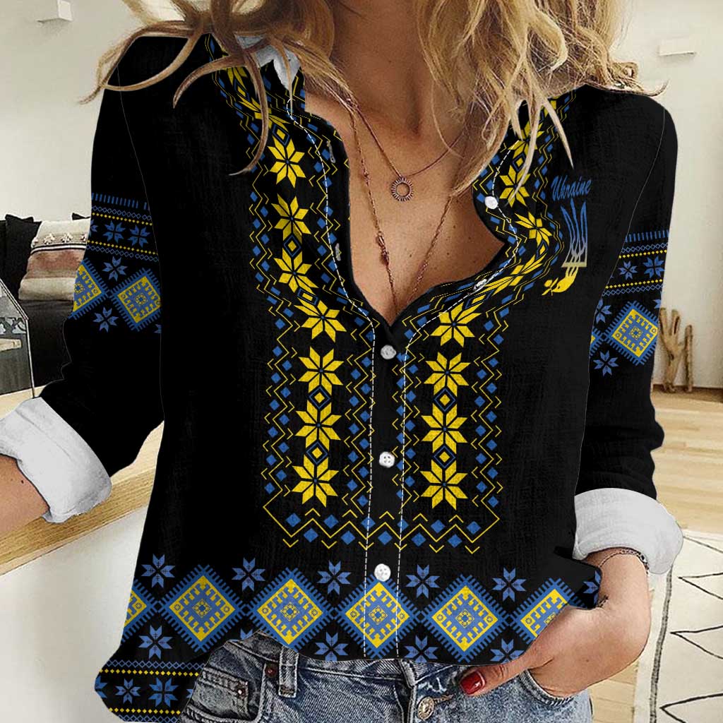 Yellow Ukraine Folk Patterns Women Casual Shirt - Wonder Print Shop