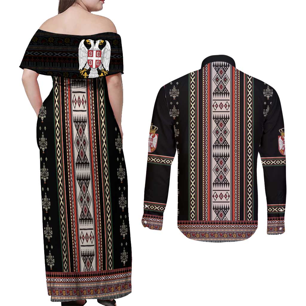 Serbia Folk Pattern Couples Matching Off Shoulder Maxi Dress and Long Sleeve Button Shirt God of Justice - Wonder Print Shop