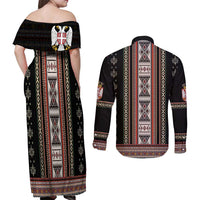 Serbia Folk Pattern Couples Matching Off Shoulder Maxi Dress and Long Sleeve Button Shirt God of Justice - Wonder Print Shop