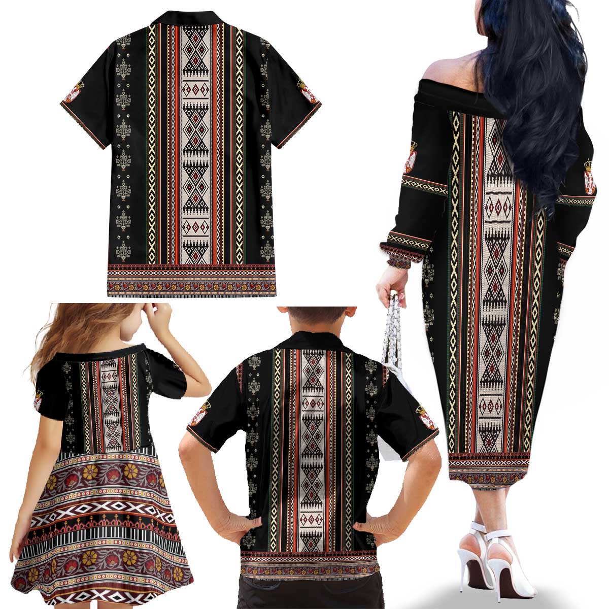 Serbia Folk Pattern Family Matching Off The Shoulder Long Sleeve Dress and Hawaiian Shirt God of Justice - Wonder Print Shop