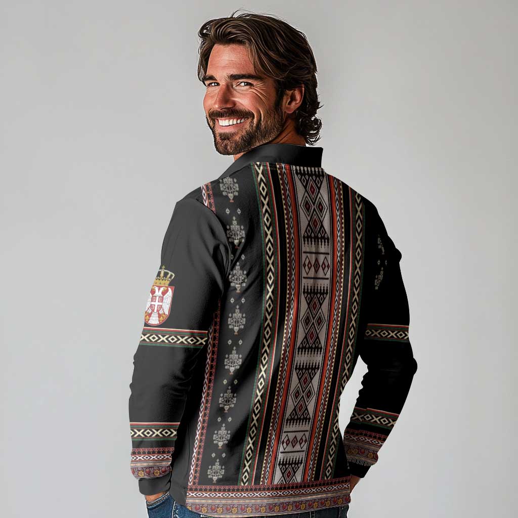 Serbia Folk Pattern Long Sleeve Polo Shirt God of Justice - Wonder Print Shop