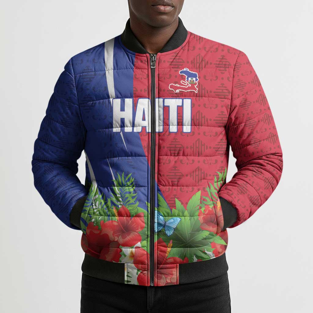 Personalized Afro-Haitians Tropical Bomber Puffer Jacket Fleur-De-Lis Veves Motif - Wonder Print Shop