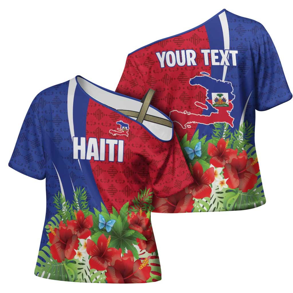 Personalized Afro-Haitians Tropical Cross Shoulder Shirt Fleur-De-Lis Veves Motif - Wonder Print Shop