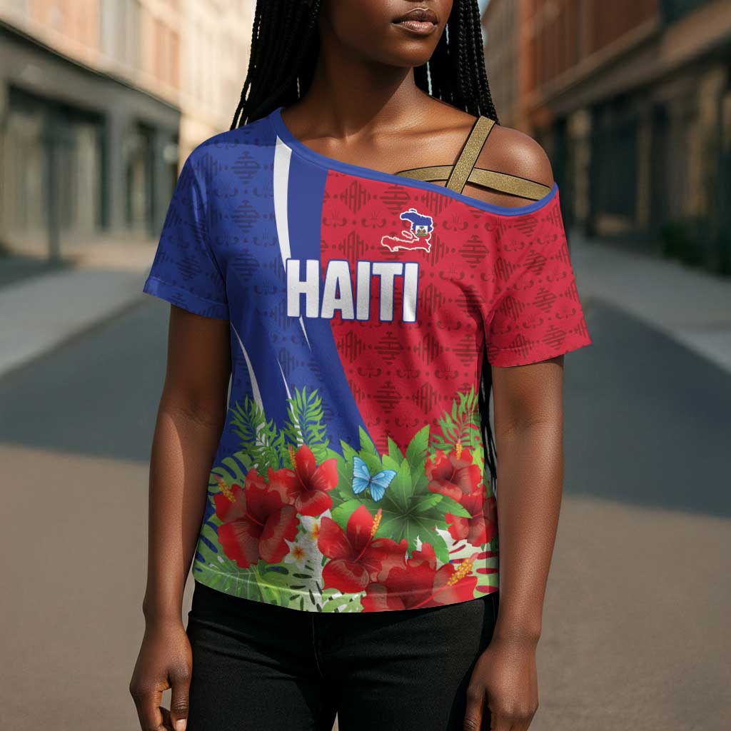 Personalized Afro-Haitians Tropical Cross Shoulder Shirt Fleur-De-Lis Veves Motif - Wonder Print Shop