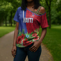 Personalized Afro-Haitians Tropical Cross Shoulder Shirt Fleur-De-Lis Veves Motif - Wonder Print Shop
