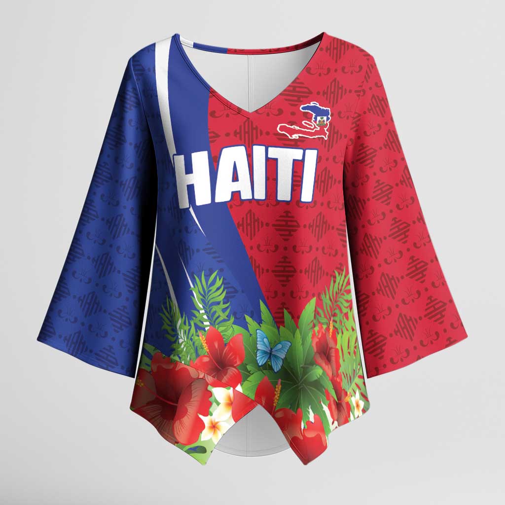 Personalized Afro-Haitians Tropical Kimono Sleeve Blouse Fleur-De-Lis Veves Motif - Wonder Print Shop