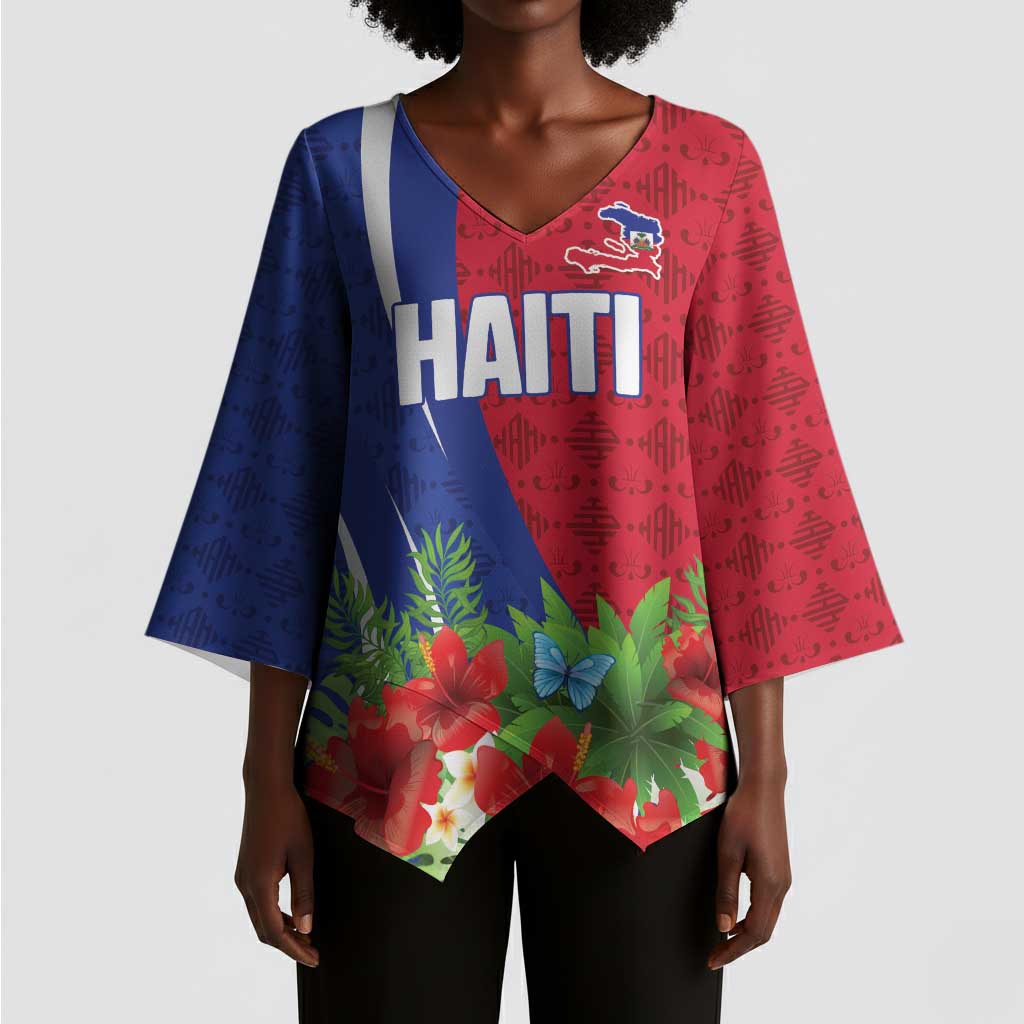 Personalized Afro-Haitians Tropical Kimono Sleeve Blouse Fleur-De-Lis Veves Motif - Wonder Print Shop