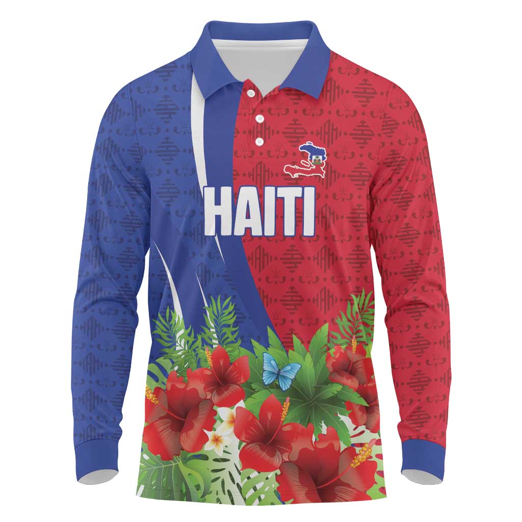 Personalized Afro-Haitians Tropical Long Sleeve Polo Shirt Fleur-De-Lis Veves Motif - Wonder Print Shop